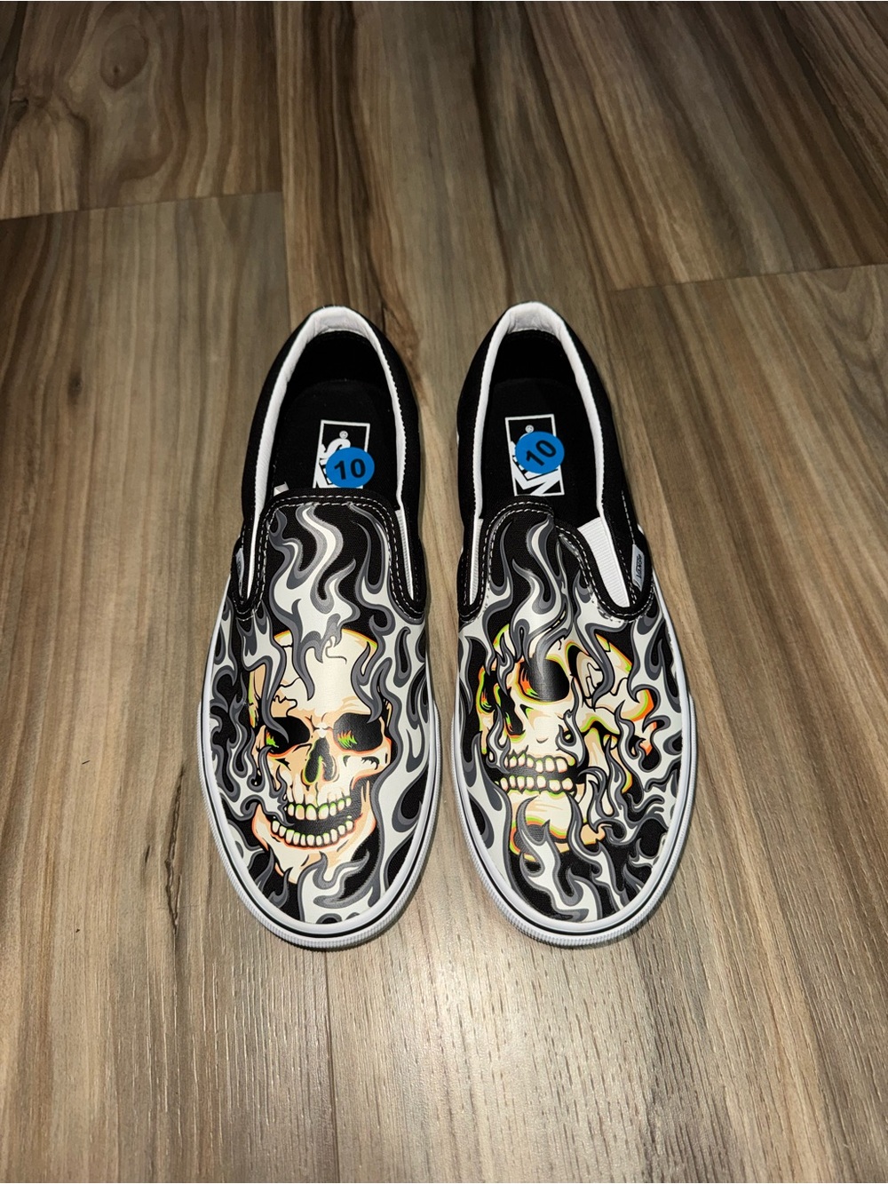 VANS Classic Slip On Flame Skull Black White Skate Shoes Men Sz 10 Rare Tattoo